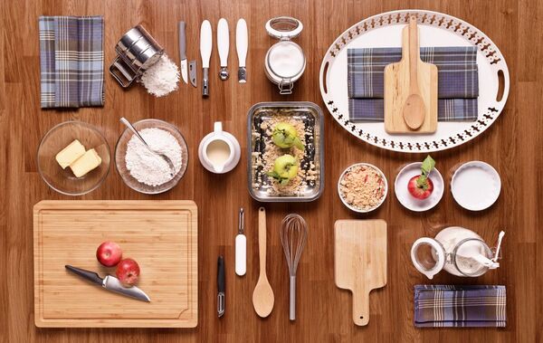 Colorful food ingredients arranged neatly on a kitchen counter